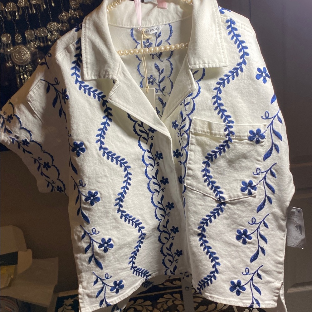 DRIFTWOOD White with Blue Embroidered Denim Top - Picture 6 of 6